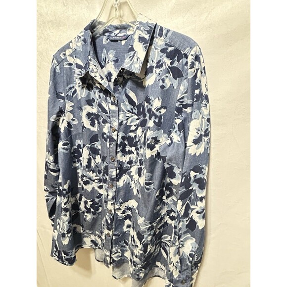 Isaac Mizrahi Live Womens 14 Long Sleeve Blue Floral Button Up Top - Picture 7 of 11